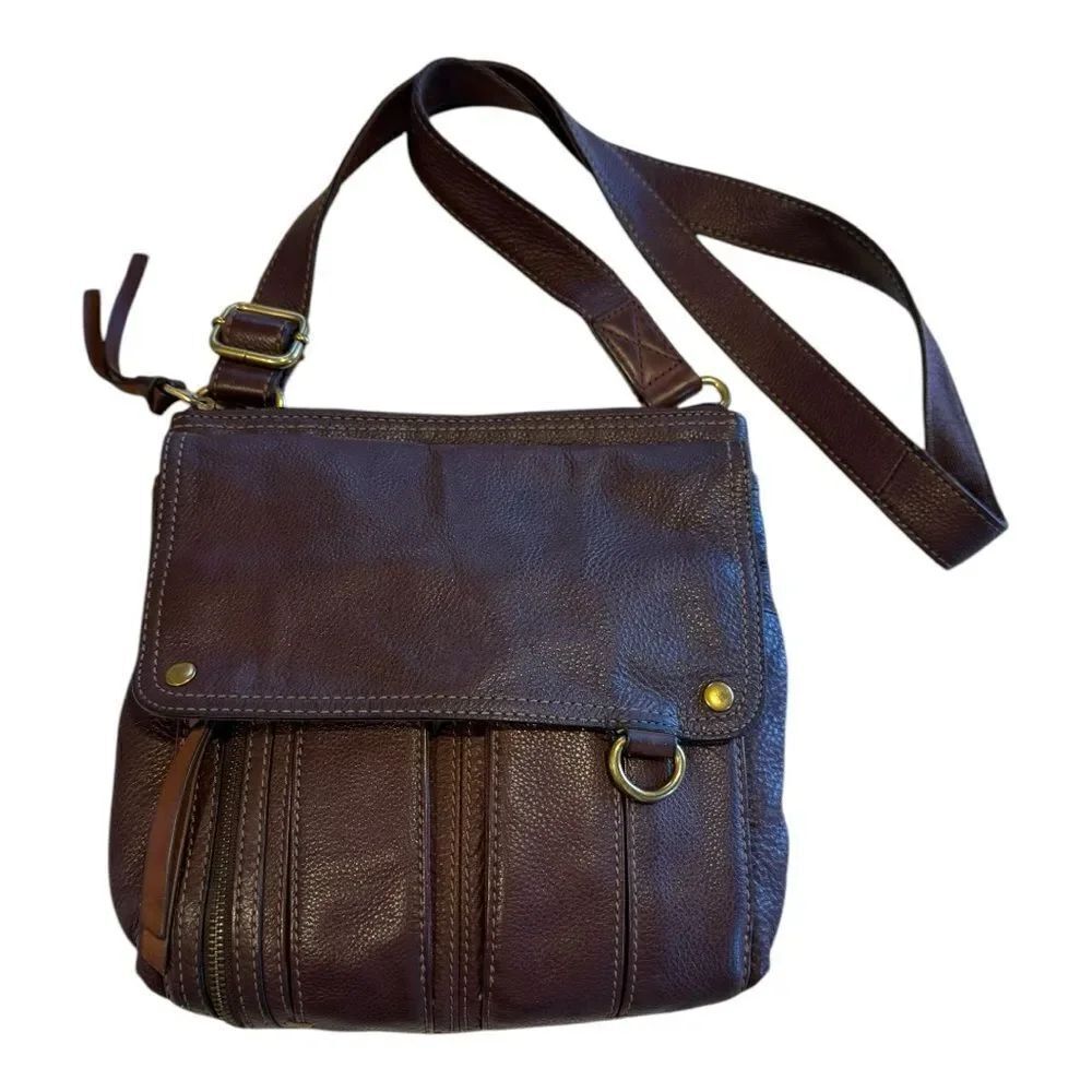 Fossil Vintage Brown Morgan Pebbled Leather Snap Flap & Zip Crossbody Bag